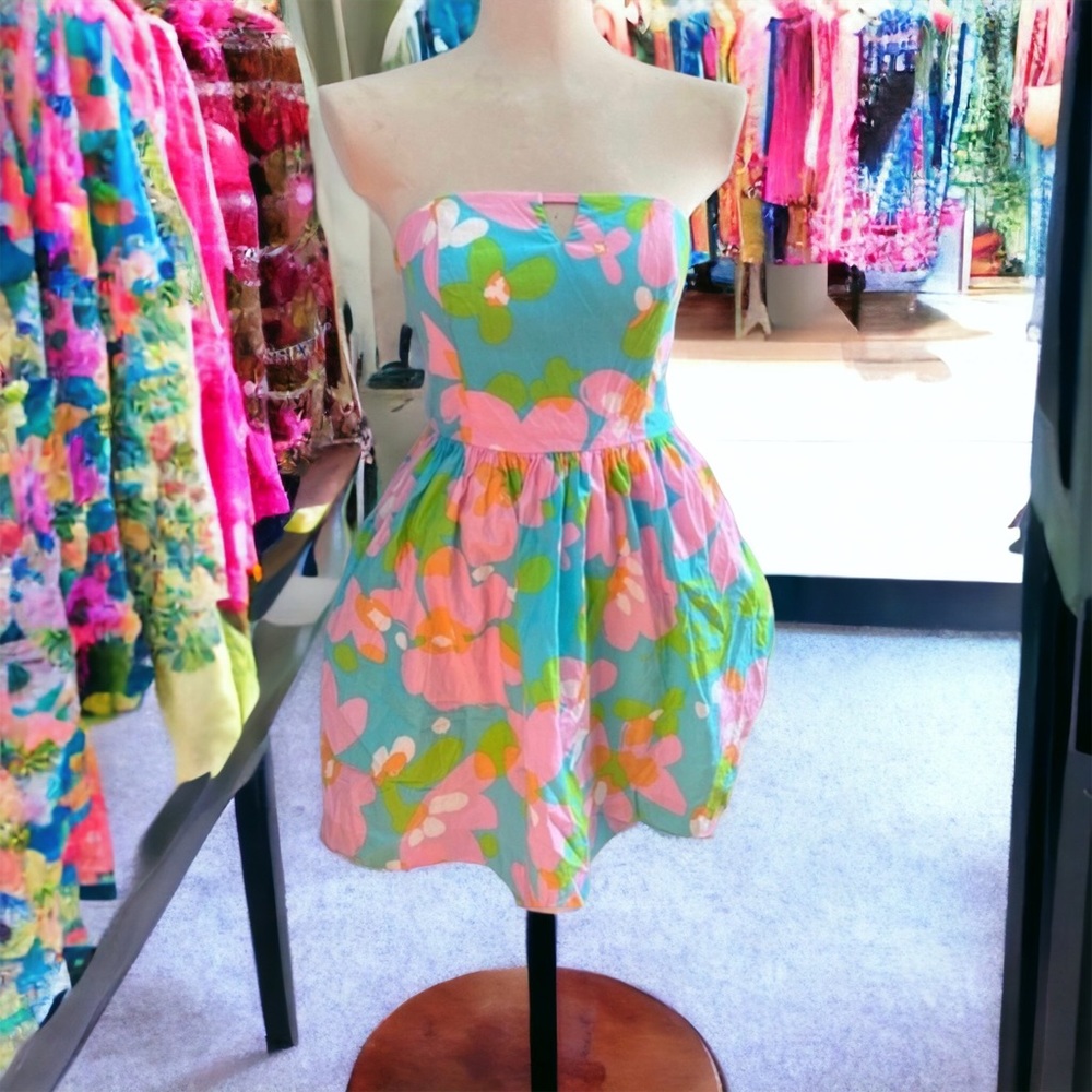 Lilly Pulitzer Rachelle Floral Strapless A-Line Mini Dress Pink Blue Size 2